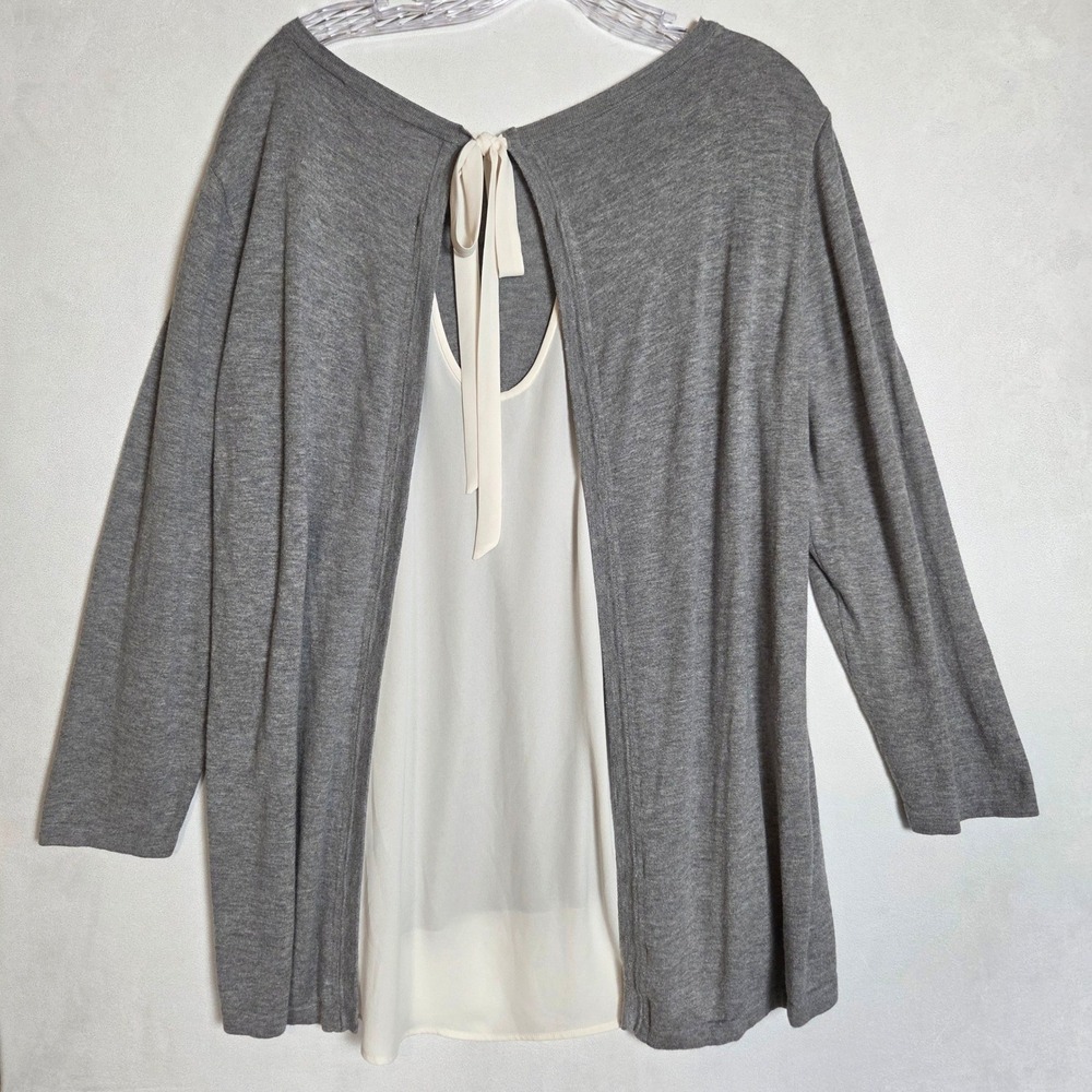 LOFT Layered Knit Sweater Top Women XL Gray Split Sheer Back Bow Silk Blend - Picture 7 of 7